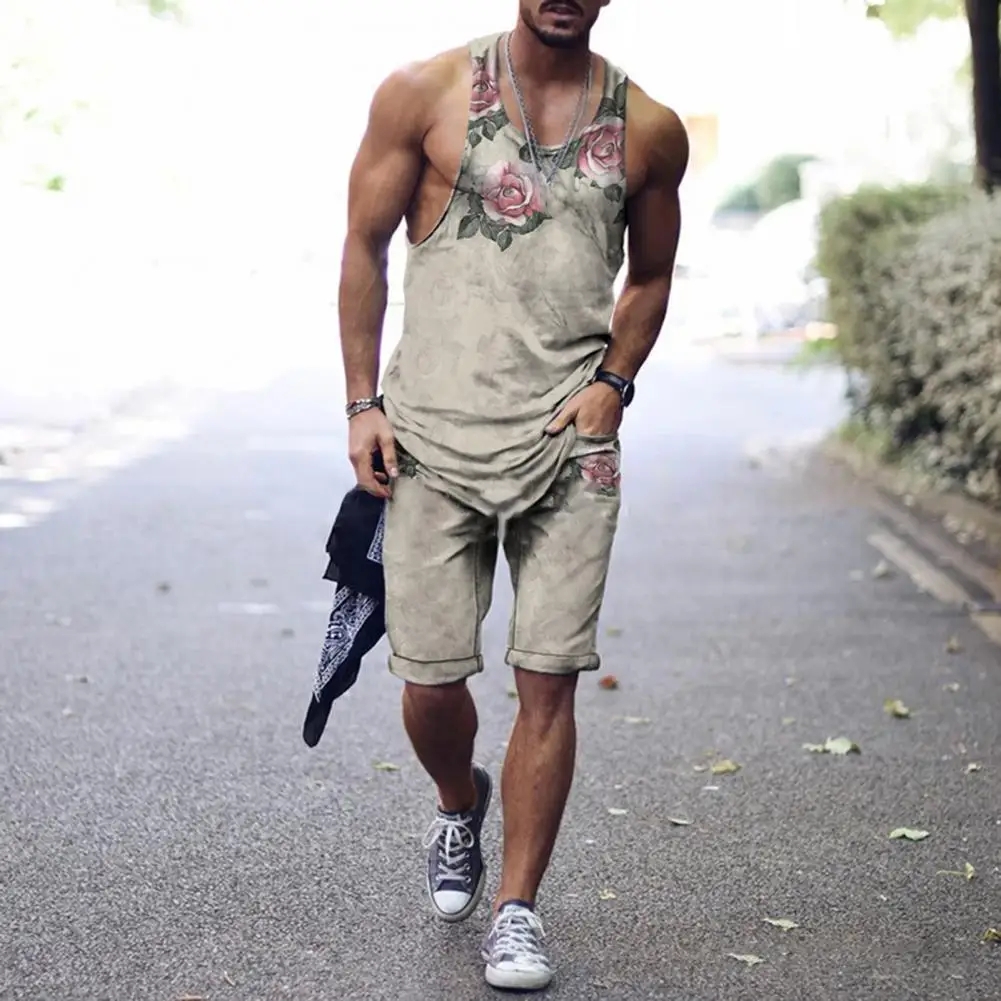 

1 Set Stylish Printed Sweat-wicking Vest Shorts Tracksuit Outfit Male Stretchy