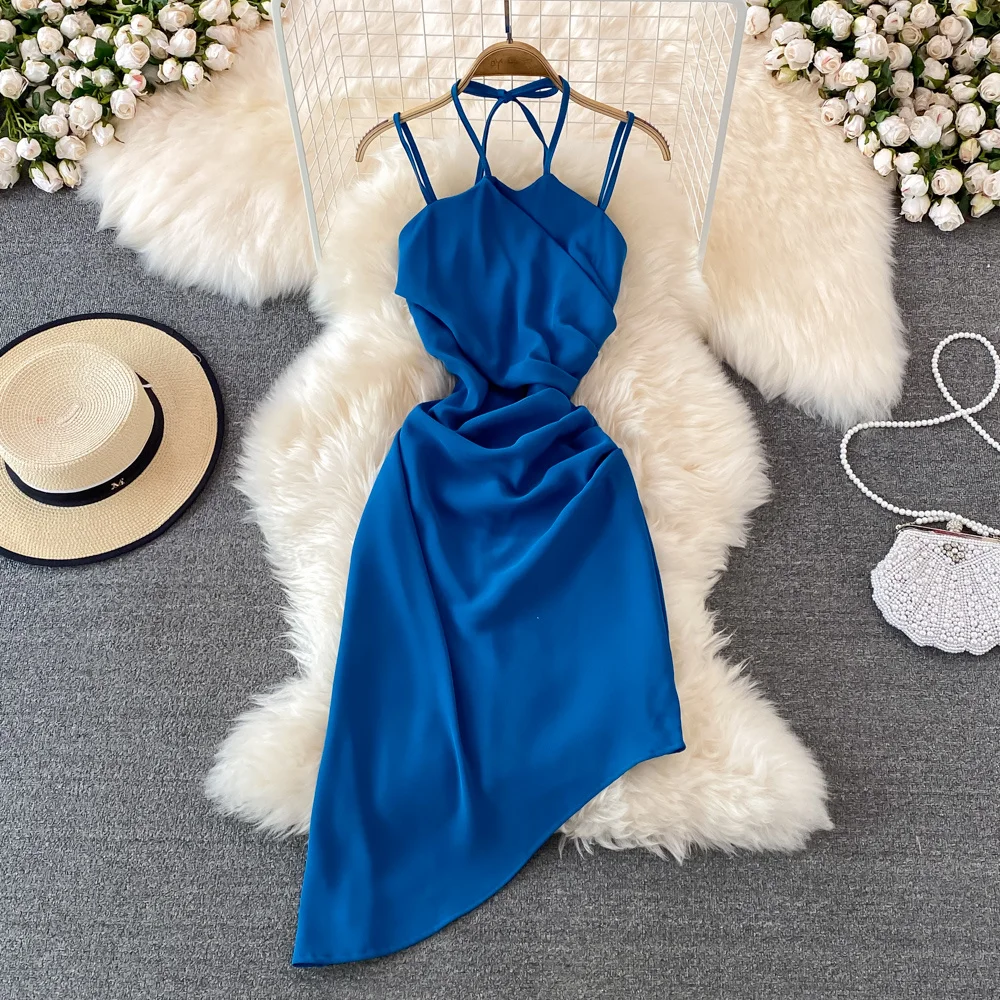 Blue Sleeveless Beach Dress For Women 2023 Summer Fashion Seaside Sexy Irregular Slim Slash Neck Backless Short Slip Dress