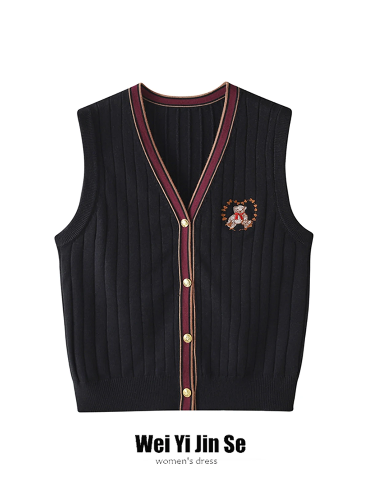 Жилет женский с V-образным вырезом Приталенный кардиган в стиле преппи медведем