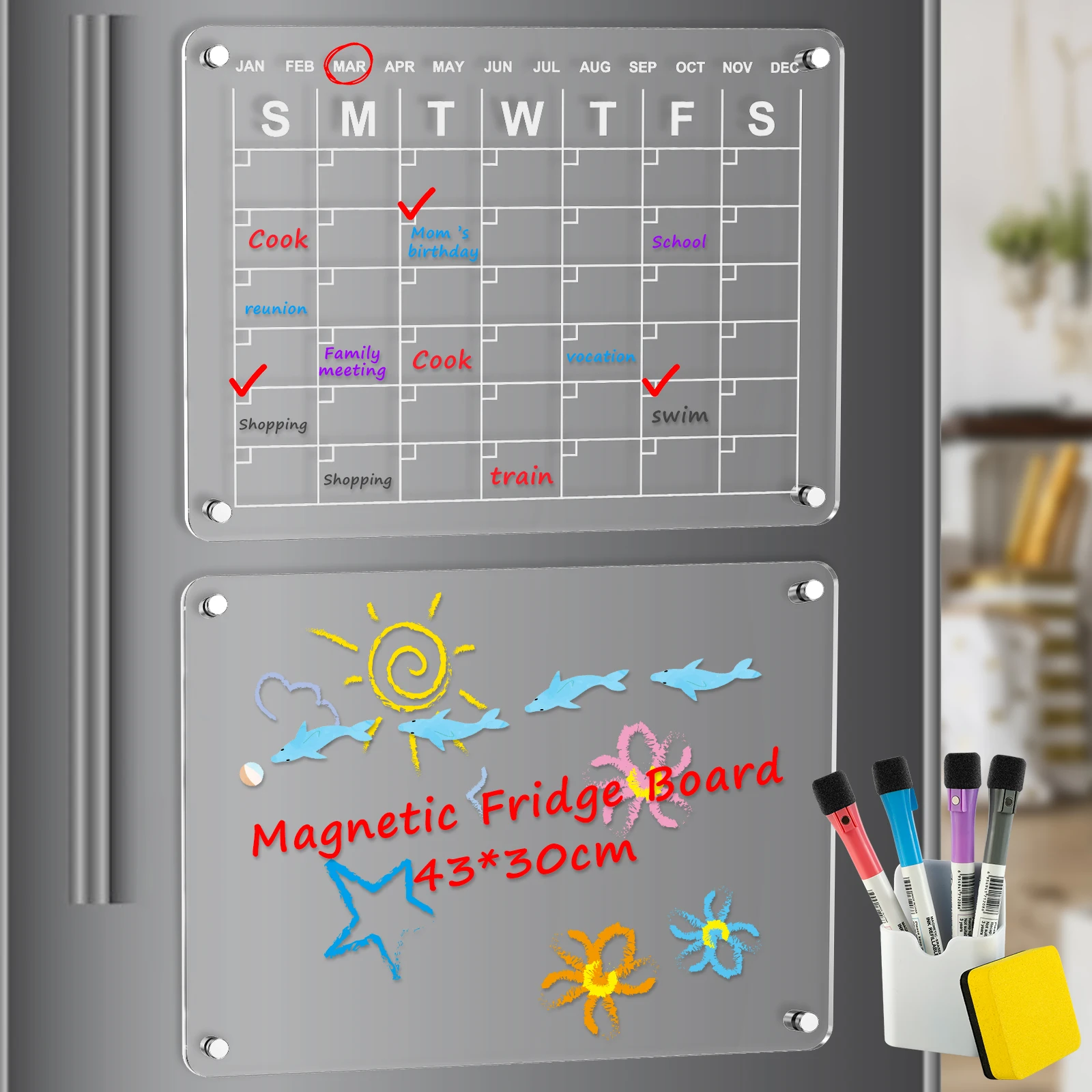 

Набор акриловых магнитных маркеров с календарем, многоразовый органайзер для ручек, прозрачная акриловая доска для сухого стирания, на холодильник
