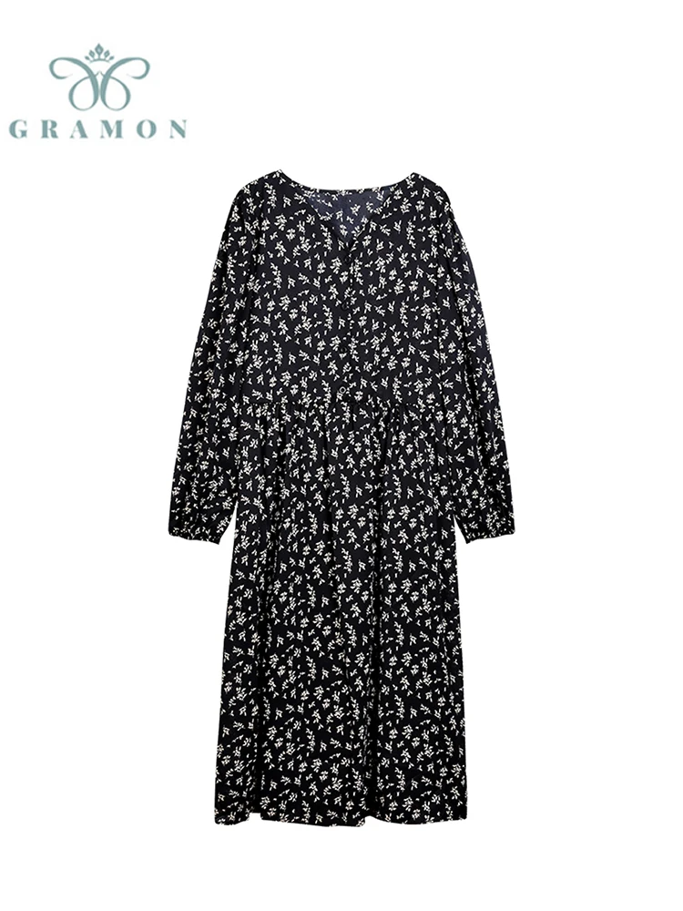 

Женское платье средней длины во французском стиле, повседневное свободное черное платье во французском стиле с цветочным принтом и длинным...