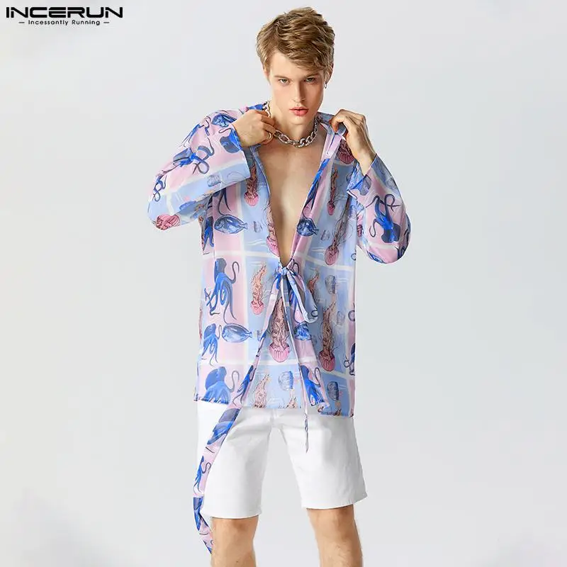 

2023 Men Shirt Printing Lace Up V Neck Long Sleeve Fashion Cardigan Vacation Streetwear Summer Oversize Hawaiian Camisas INCERUN