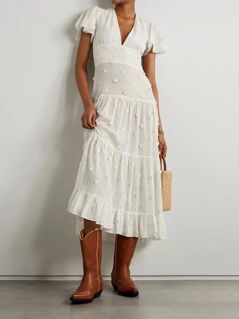 2023 Summer Women Midi Robes Lace-up Three-Dimensional Flower White V-neck High Waist Fashion Female Short Sleeve Dress