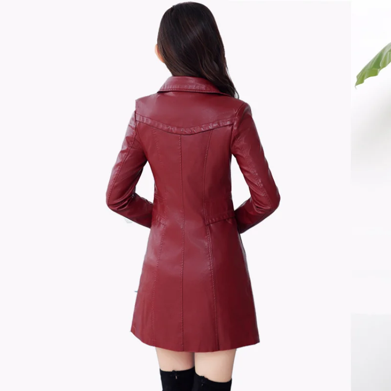 Mid-length Women's Single Breasted Fashion Slim Washed Leather PU Leather Jacket