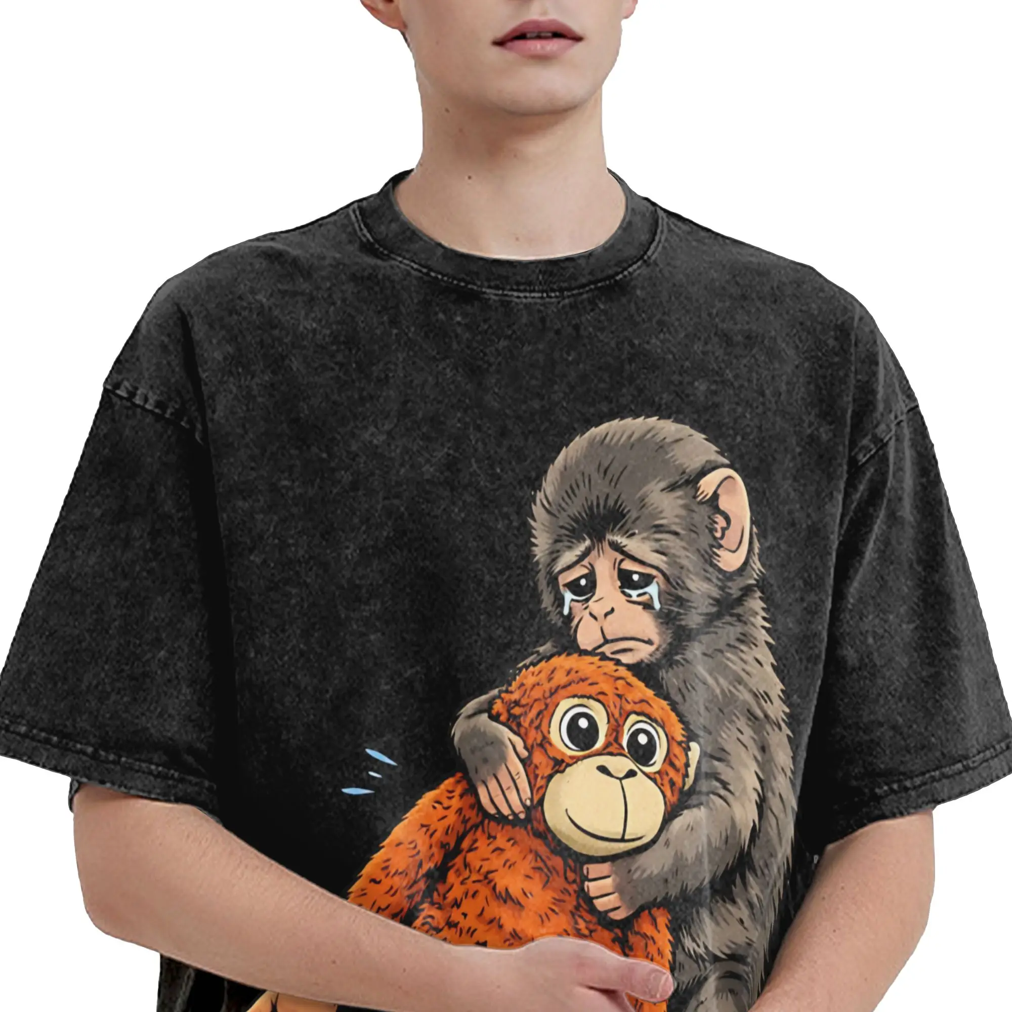 Фото Футболка с принтом «Punch the Monkey Japan Makak Sad Monkey and His Toy», оригинальные футболки, топы в уличном стиле, хлопковые футболки оверсайз с круглым вырезом №4