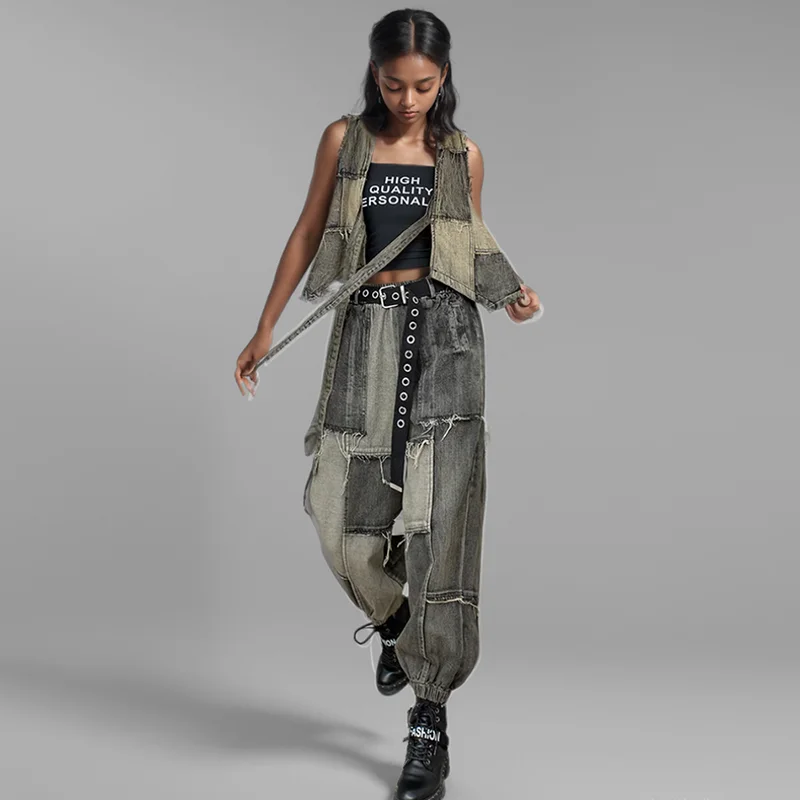 WTHT винтажные модные женские костюмы в стиле пэчворк бандажный джинсовый жилет