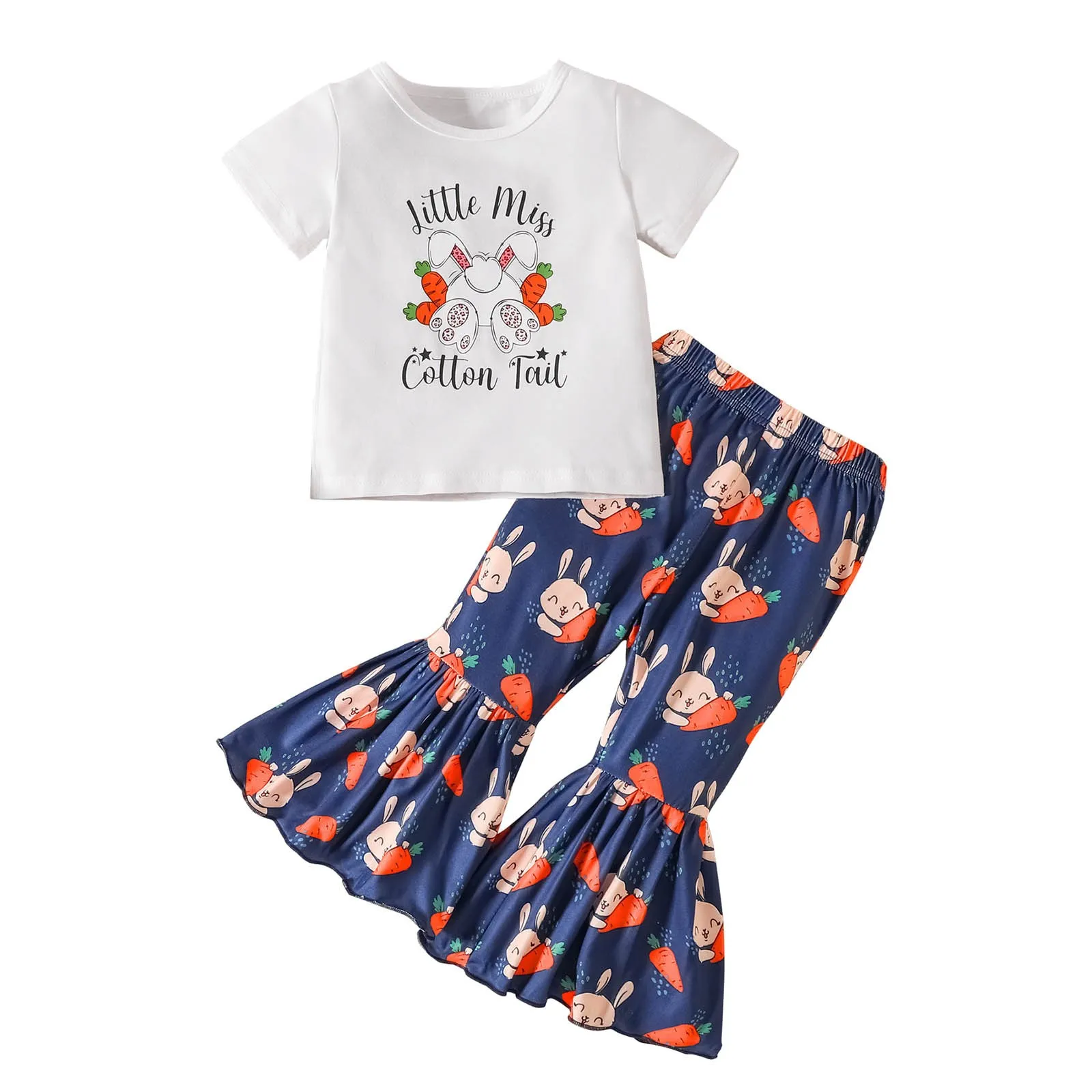 

Kids Girls Summer Outfits Letter Print Round Neck Short Sleeve T-Shirts Tops + Cow Spots Print Flare Pants 2Pcs Set