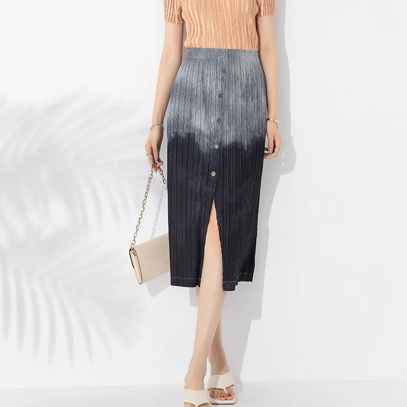 Summer new 2023 gradient color print slit fashion pleated skirt
