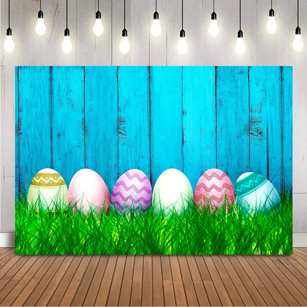 

Фон для фотосъемки с изображением весенних пасхальных яиц, голубой деревянный фон для фотосъемки с изображением зеленой травы, фон для фото...