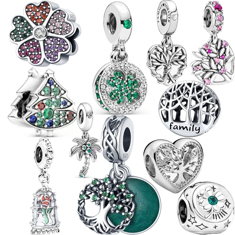 

New 925 Silver Green Family Tree Clover Daisy Flowers DIY Beads Fit Original Pandora Charms Bracelet Women Jewelry Anniversary