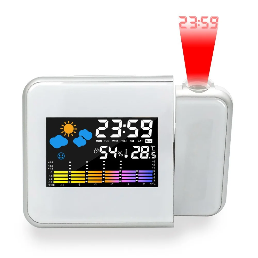 

LED Digital Projection Alarm Clock Thermometer Desk Time Date Display Projector Calendar USB Charger Home LED Weather Clock