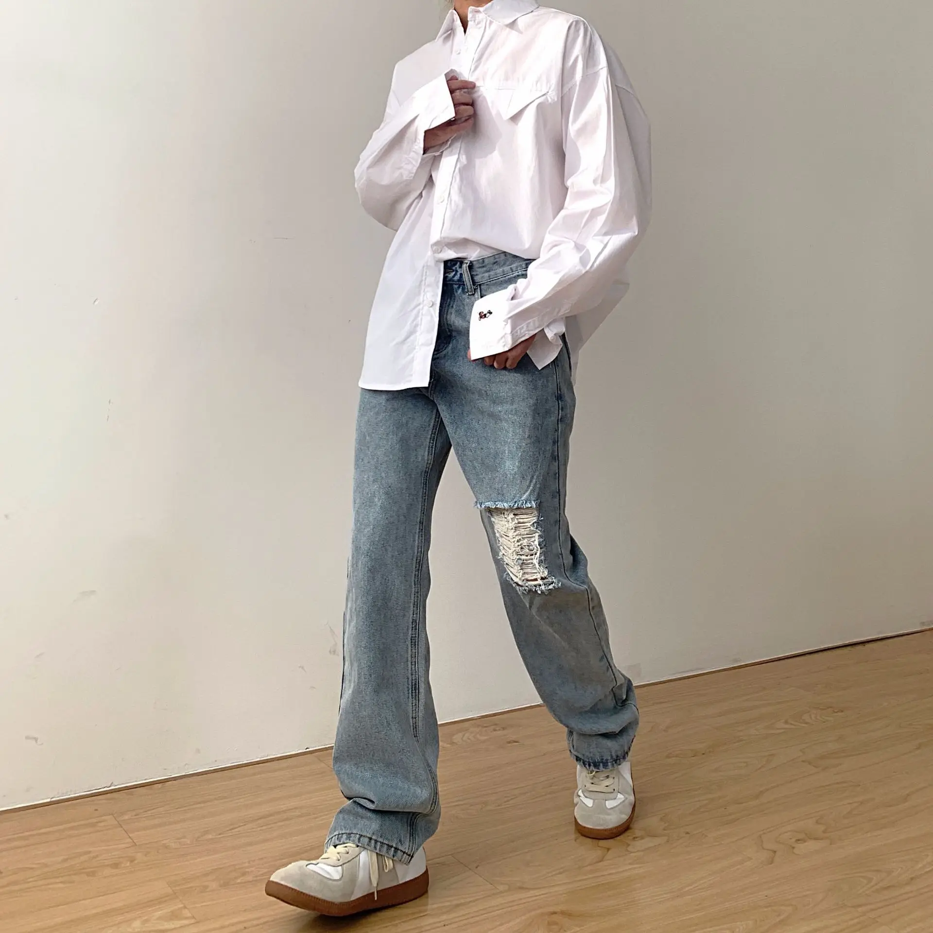 Four Seasons Men's Jeans Washed Shabby Solid Color Men's Jeans Y2k Pants Men's Trend Light Color Loose Straight Mop Pants Men's