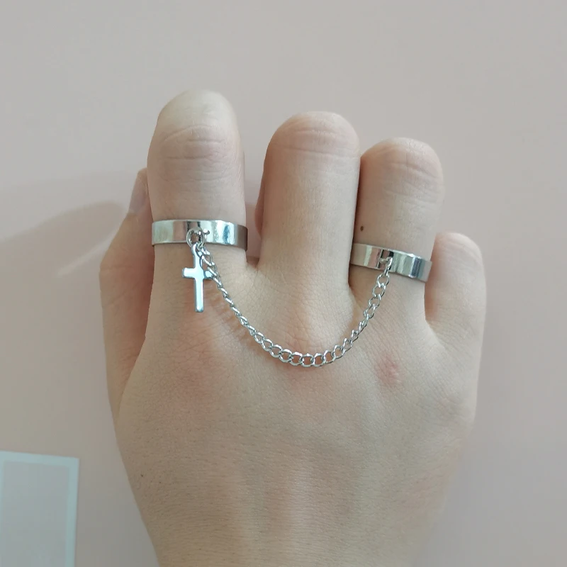 

2022 Retro Punk Hip Hop Cross Ring Finger Chain Adjustable Two Link Ring Jewelry Gift Men's Women's Gothic Jewelry Rings