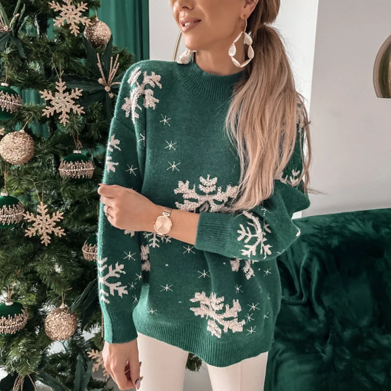 

Christmas Snowflake Printing Loose Knitted Pullover Winter Thickened Long Sleeve Casual Sweater Women Embroidered Sweater Tops