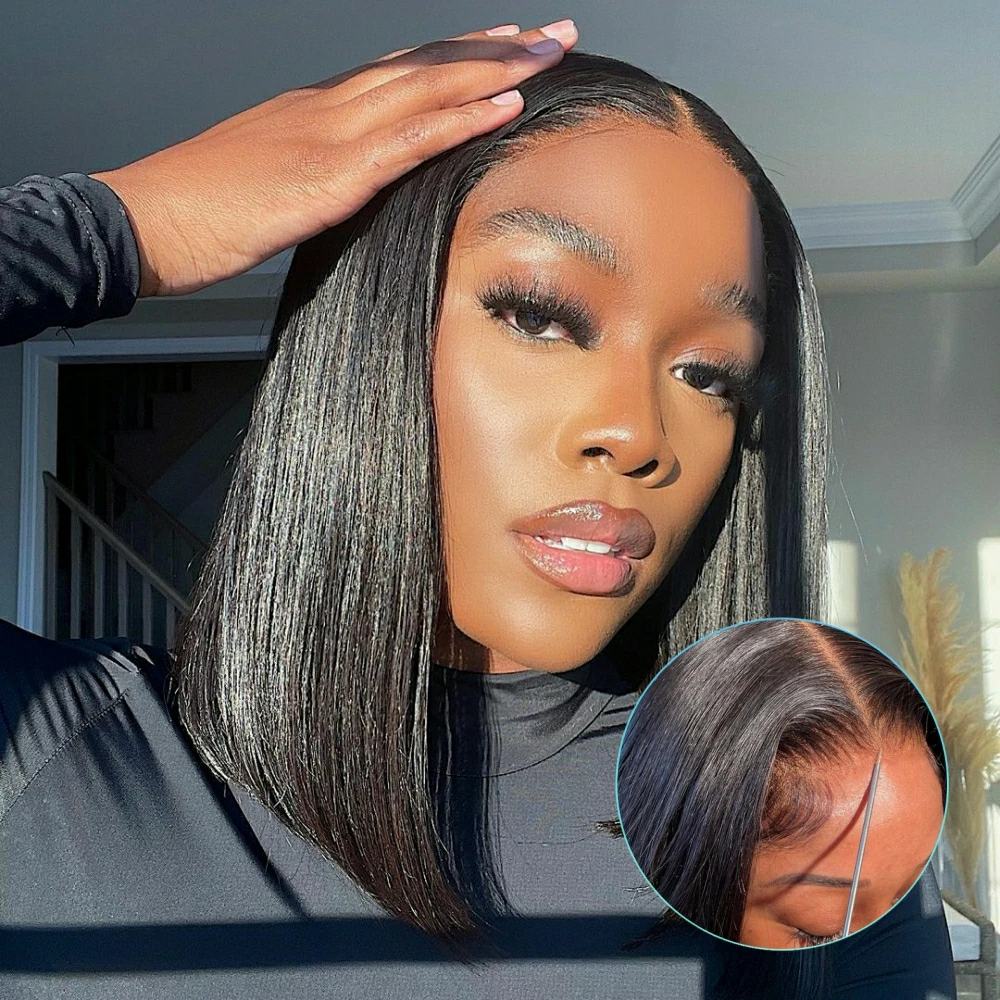 

Glueless Wig Human Hair Ready To Wear and Go Pre plucked Straight Bob Glueless Wig Without Glue 4x4 Lace Wig Pre Cut Hairline