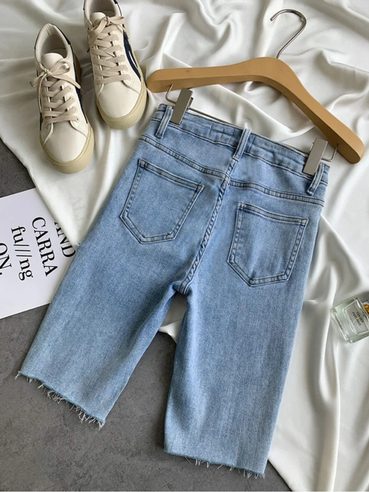 Five-point Denim Shorts Women's Summer Thin Section Large Size Elastic Tight-fitting Ripped High Waist Blue Straight Jeans Pants