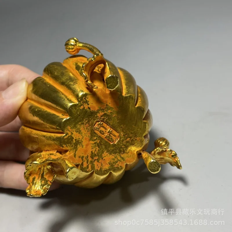 Antique Boutique Bronze Three-Legged Carved Pumpkin Stove Ming and Qing Dynasties Modeling Xuande Incense Burner Gilding Aromath