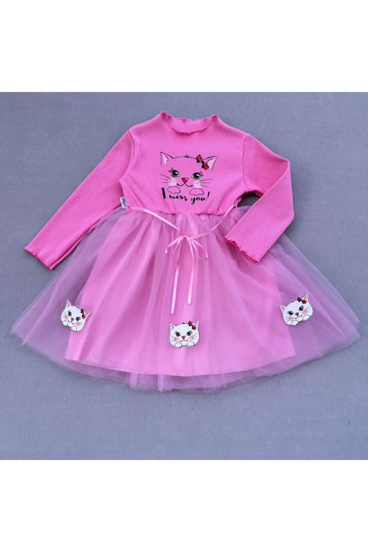 

Cat Pattern With Ribbon Tütü Dress | I Miss You! (5, 6, 7 years old) Long Sleeve Midi Pink Cepsiz Stylish/night Wear