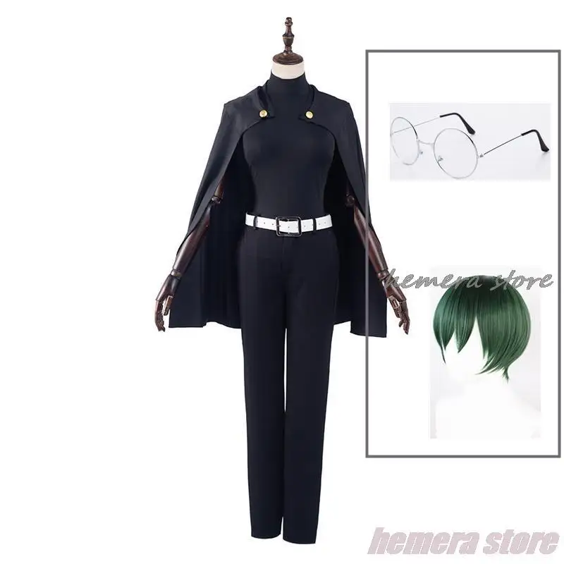 

Zenin Maki Cosplay Anime Jujutsu Kaisen Season 2 Costume Wig Dark Blue Cloak Glasses Tattoo Green Short Wig Shibuya Incident Arc