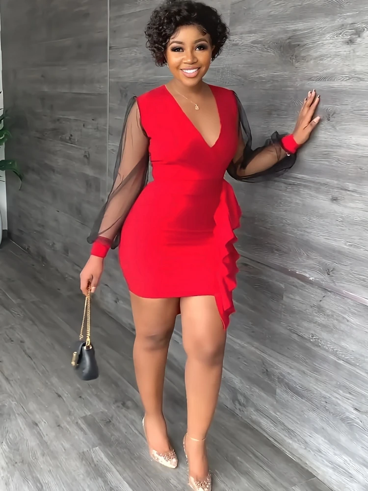 

African Dresses For Women Summer Autumn Africa Clothing Long Sleeve Dress Sexy V-Neck Perspective Slim Dress Office Lady Party