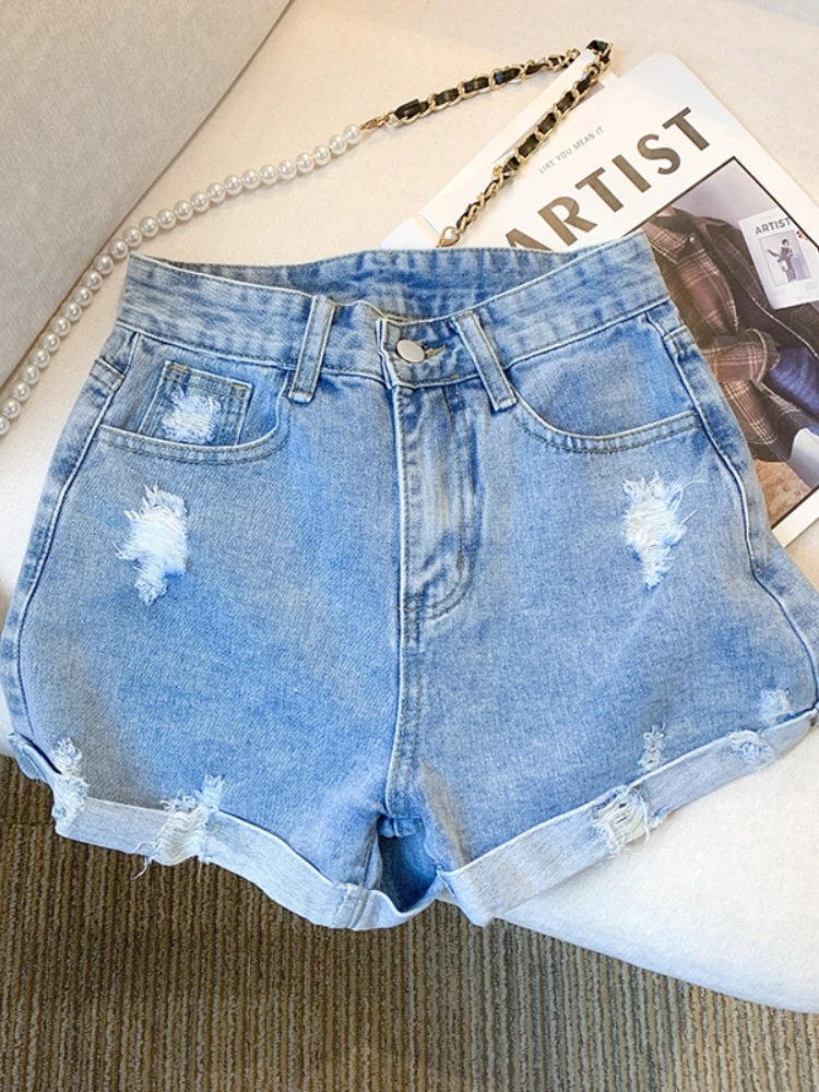 

FTLZZ New Summer Women Casual High Waist Wide Leg Denim Shorts Lady Fashion Solid Color Holes Pockets Jean Shorts