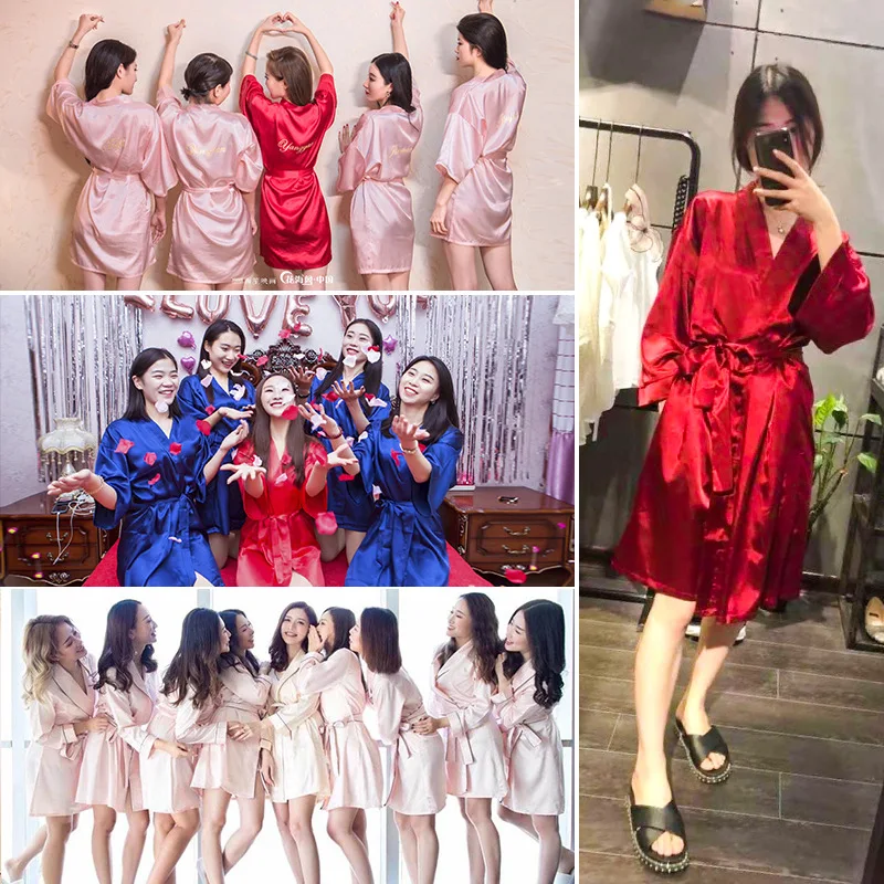 

Short Women Kimono Robe Nightgown Half Sleeve Sleepwear Home Dressing Gown Embroidery Bride Bridesmaid Bathrobe Nightwear