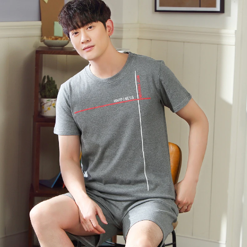 CAIYIER Summer Cotton Pajamas Set For Men Grey Soft Casual Nightwear O-Neck Male Print Leisure Sleepwear Homewear Suit M-3XL
