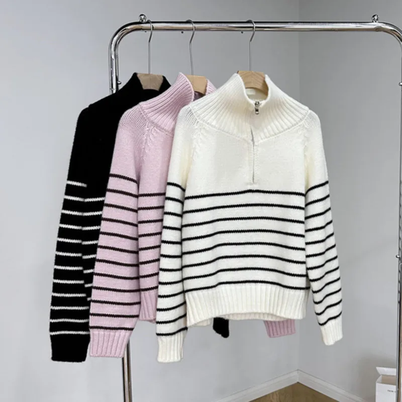 

Autumn Winter Striped Zipper Sweater Women Turn Down Collar Raglan Sleeve Straight Knitted Tops