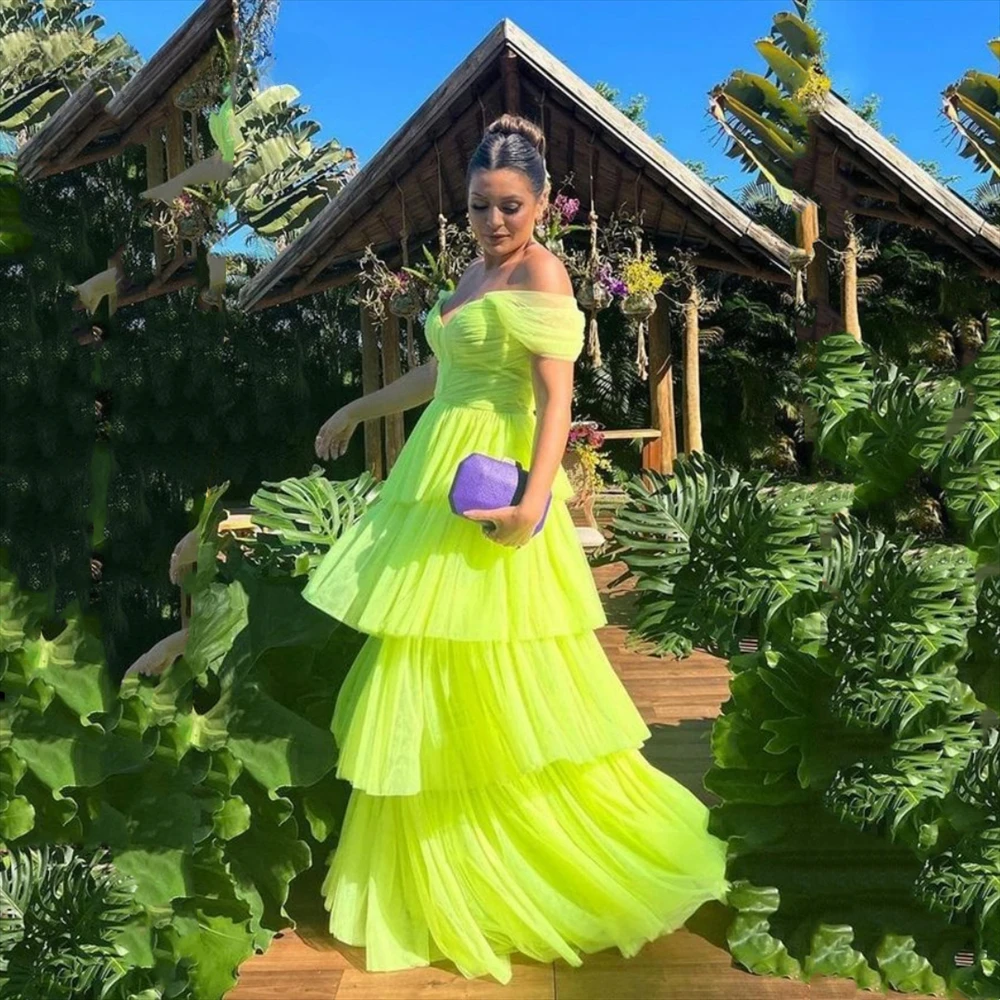 

Off Shoulder Puffy Formal Evening Gowns 2023 Sexy Floor Length Long Tiered Tulle Skirt A-Line Corset Prom Party Dresses Custom