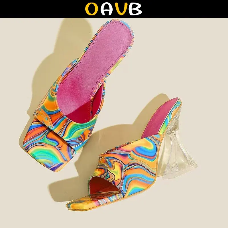 

Босоножки OAVB для женщин в стиле граффити, сандалии карамельных цветов, на высоком каблуке, тапочки с кристаллами, разноцветная женская обувь, лето 2023