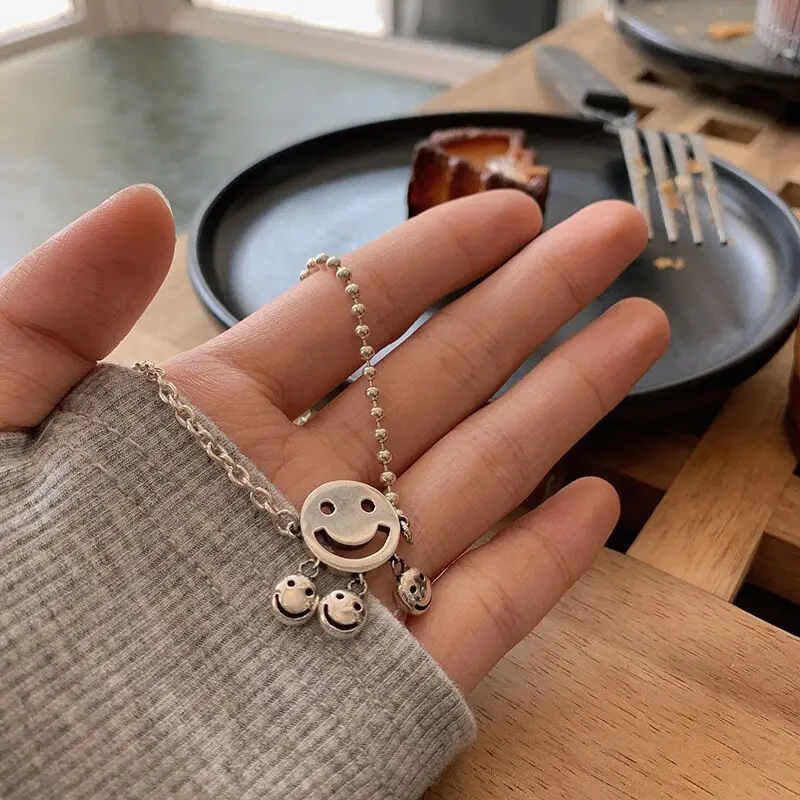 

Vintage Cute Smiley 925 Silver Necklace Women Fashion Light Luxury Collarbone Chain Necklaces For Female Fine Jewelry Gift