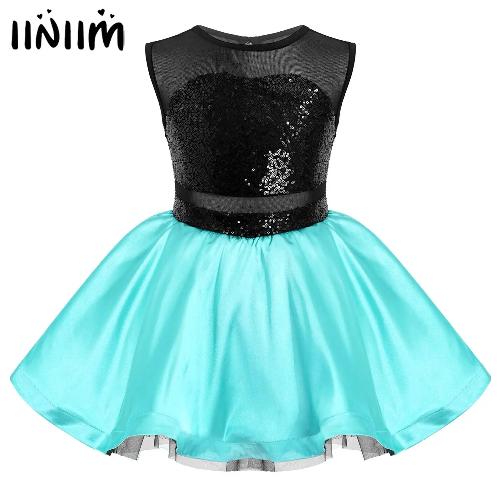 

iiniim Kids Girls Sleeveless Round Neckline Sequins Decor Mesh Patchwork Style Contrast Color Mesh Tutu Ballet Dance Wear Dress