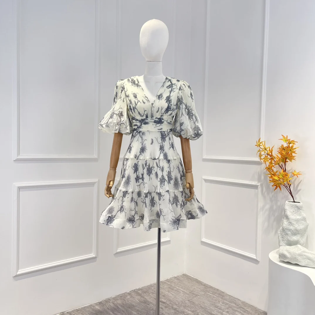 

New 2023 Spring Summer Vintage Graceful Short Lantern Sleeve V-neck Floral Printing Folds Frill Waist Woman Mini Dress