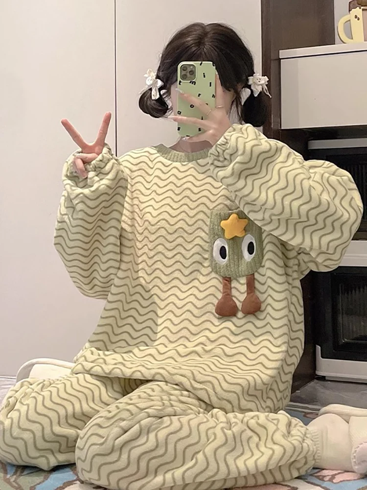 Японская мода GP коралловый флисовые пижамы женские 2024 зимние свободные большие