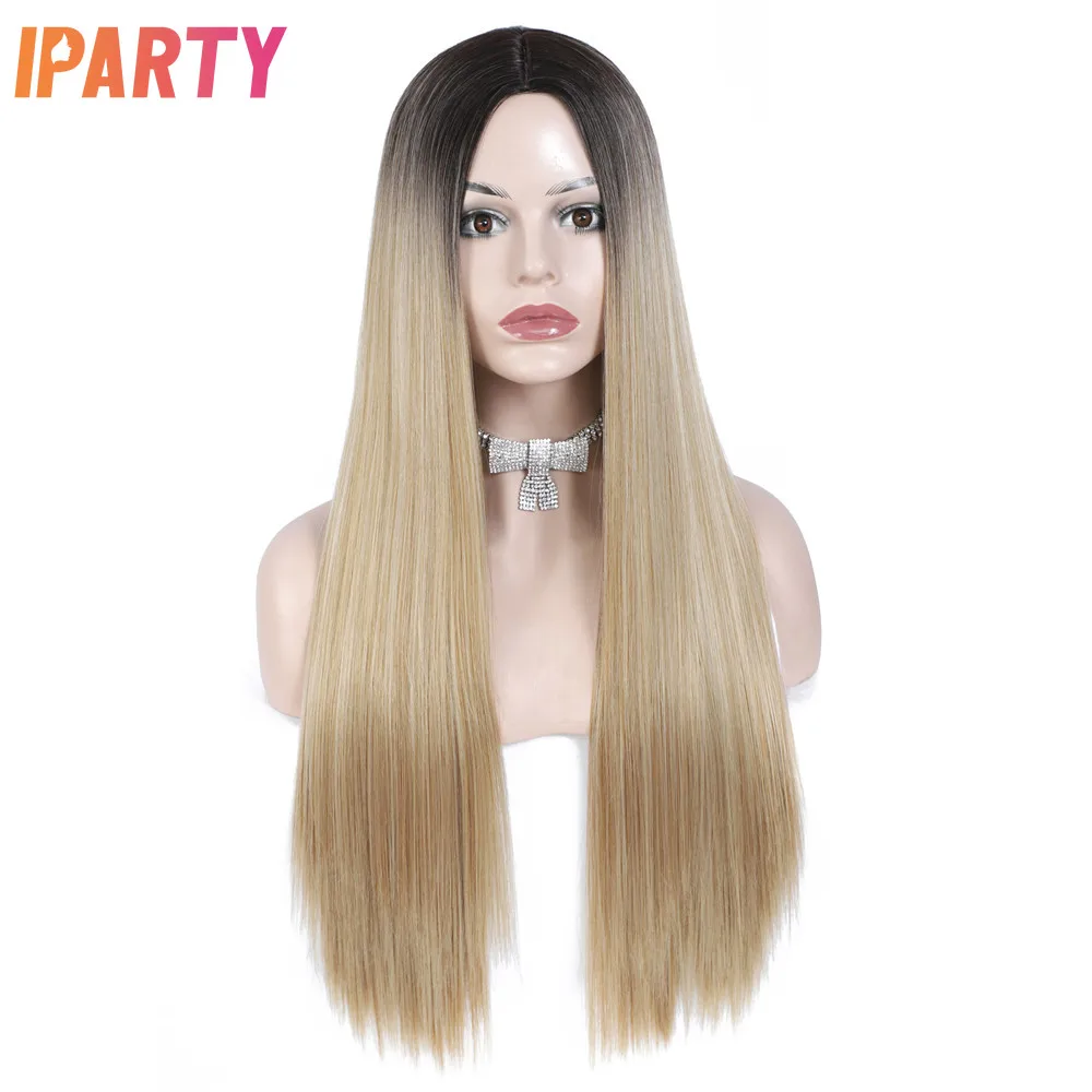 

Iparty Synthetic Machine Middle Part Wigs 28 Inches Ombre Light Blonde Long Straight Wig Multi Color Heat Resistant Daily