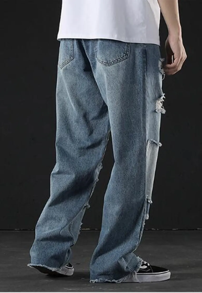 Japanese Loose Casual Straight Jeans Men's Broken Patchwork Beggar Trousers Hip Hop Moto Biker Fashion Vintage Denim Pants