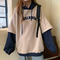 qweek korean fashion oversized hoodies women 2022 japanese harajuku fake two piece hooded sweatshirt tops kpop clothes 2022