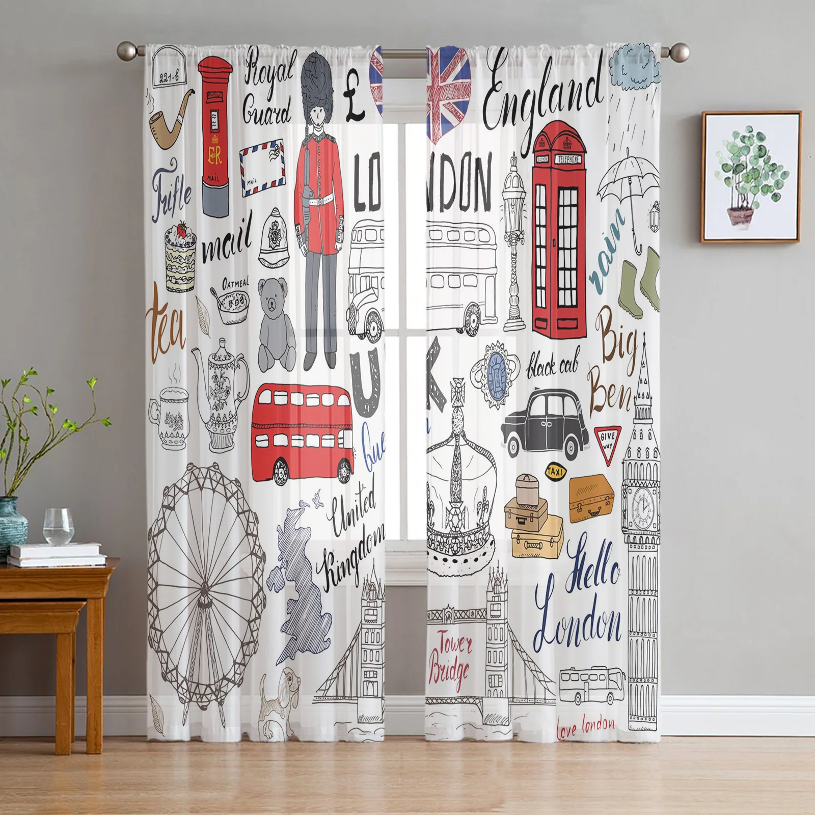 

British Graffiti London Culture Cartoon Doodle Sheer Curtains for Living Room Bedroom Decor Window Voile Tulle Curtain Drapes