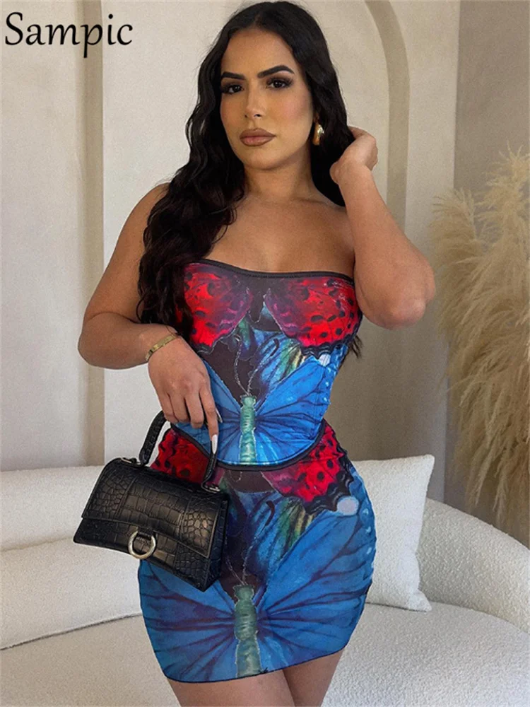 

Сексуальная юбка Sampic Y2K с принтом, комплект из двух предметов, корсет без бретелек, укороченный топ и облегающая мини-юбка, женский летний вечерний клубный костюм