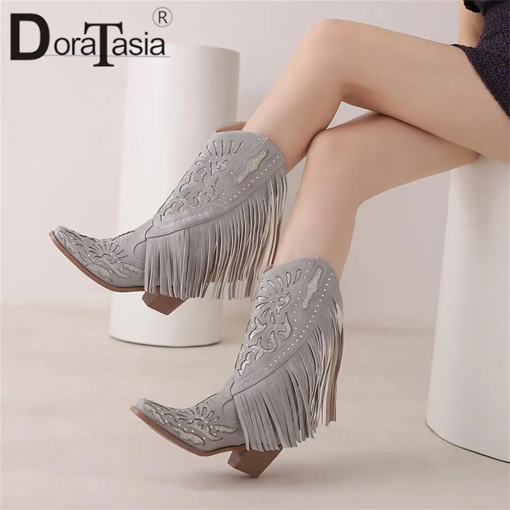 Plus Size 46 Brand New Ladies Cowgirl Boots Fashion Embroidered Fringe Chunky High Heels women's Boots Party Western Shoes Woman
