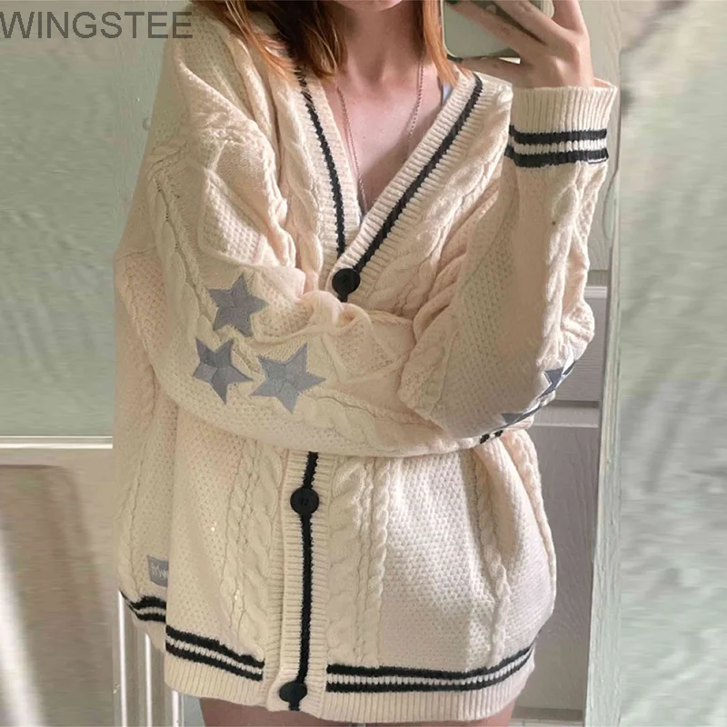 

Chic Vintage Star Print Knitted Cardigan Preppy Cute Button Up V Neck Long Sleeve Coat Autumn Y2K Aesthetics Retro Sweater