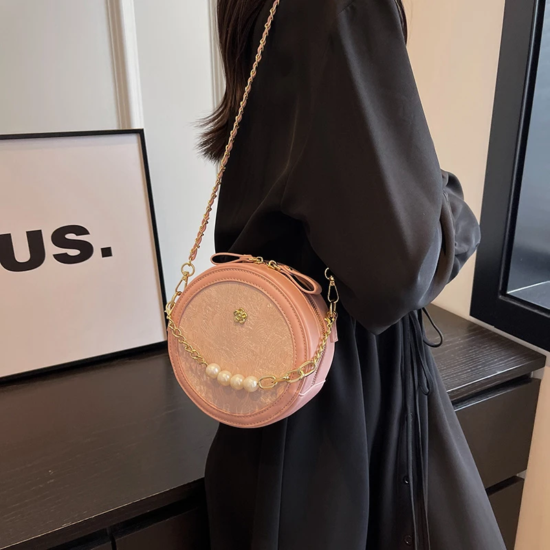 

Simple Leisure Hundred Temperament Commuter Small Round Bags Fashion New Fresh Sweet Pearl Chain Single Shoulder Crossbody Bags