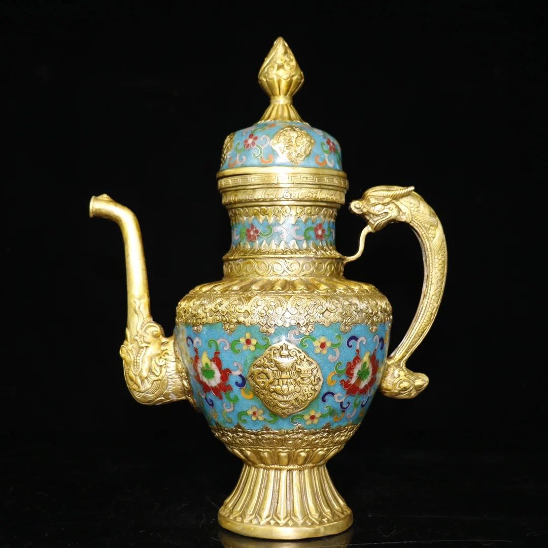 

15"Tibetan Temple Collection Old Bronze Cloisonne Enamel hidden pot kettle flagon Gather fortune ornament Town house Exorcism