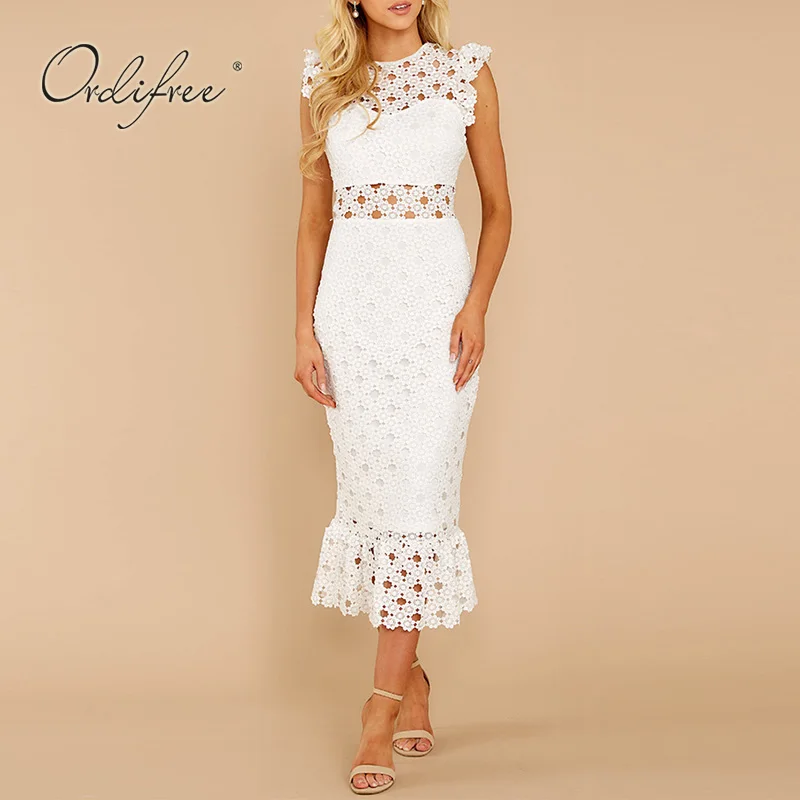 

Ordifree 2022 Summer Women Women Lace Party Dress Sleeveless Hollow Out Sexy Bodycon Green White Midi Dress