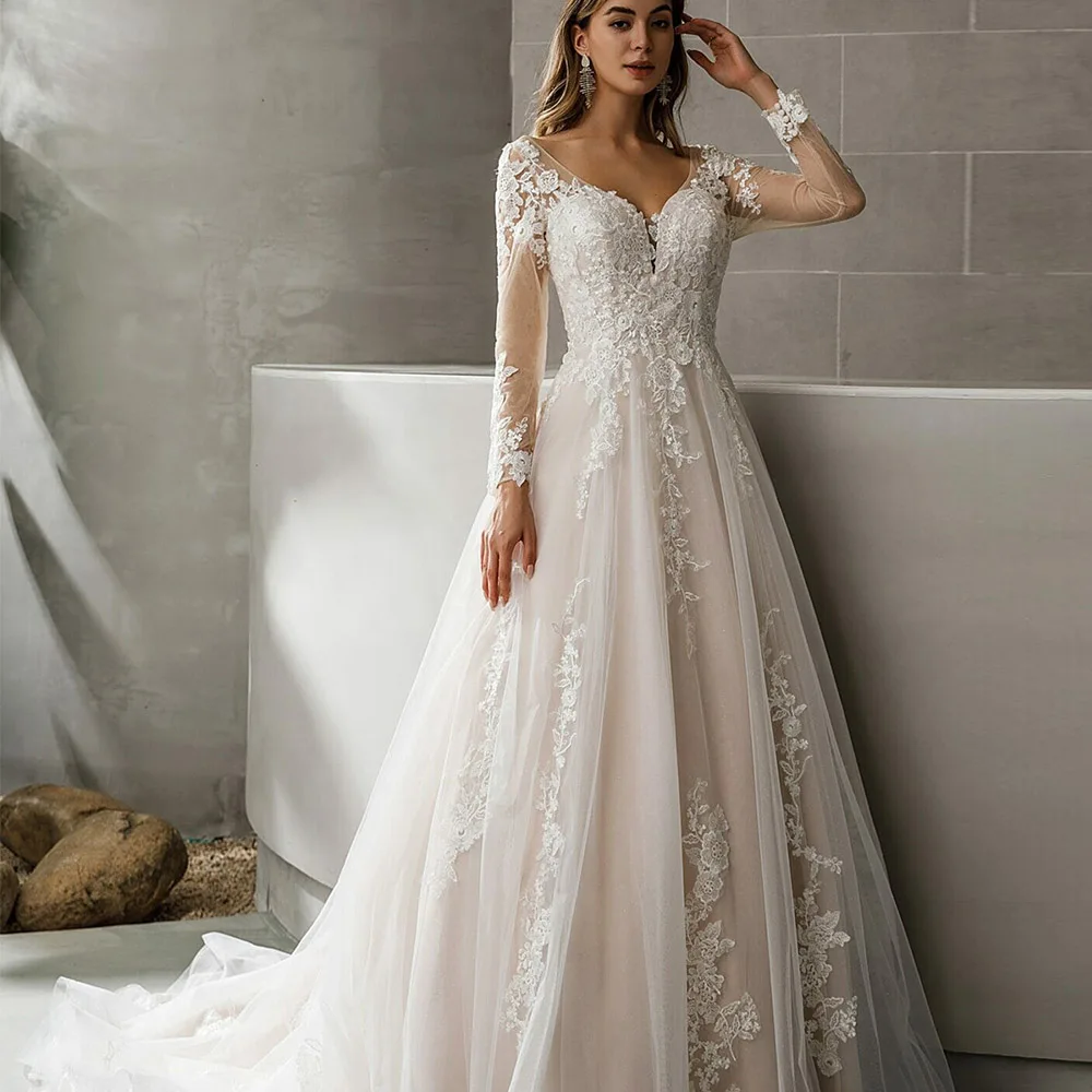 

Vintage Wedding Dress For Bride 2022 V-Neck Long Sleeves Tulle Boho Bridal Gowns Lace Appliques Backless A-Line Vestido De Novia