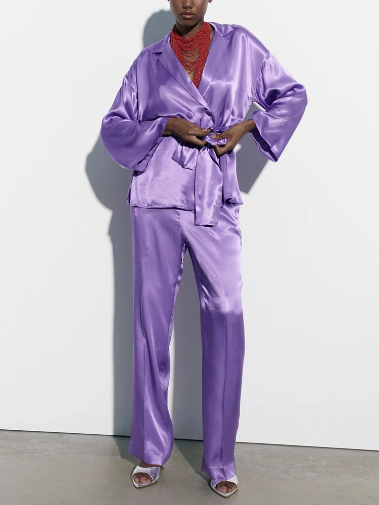 

Elegant Vintage Satin Sets Womens Outfits Blazer Style Belted Top And Straight Leg Pants Two Piece Set For Women Matching Sets