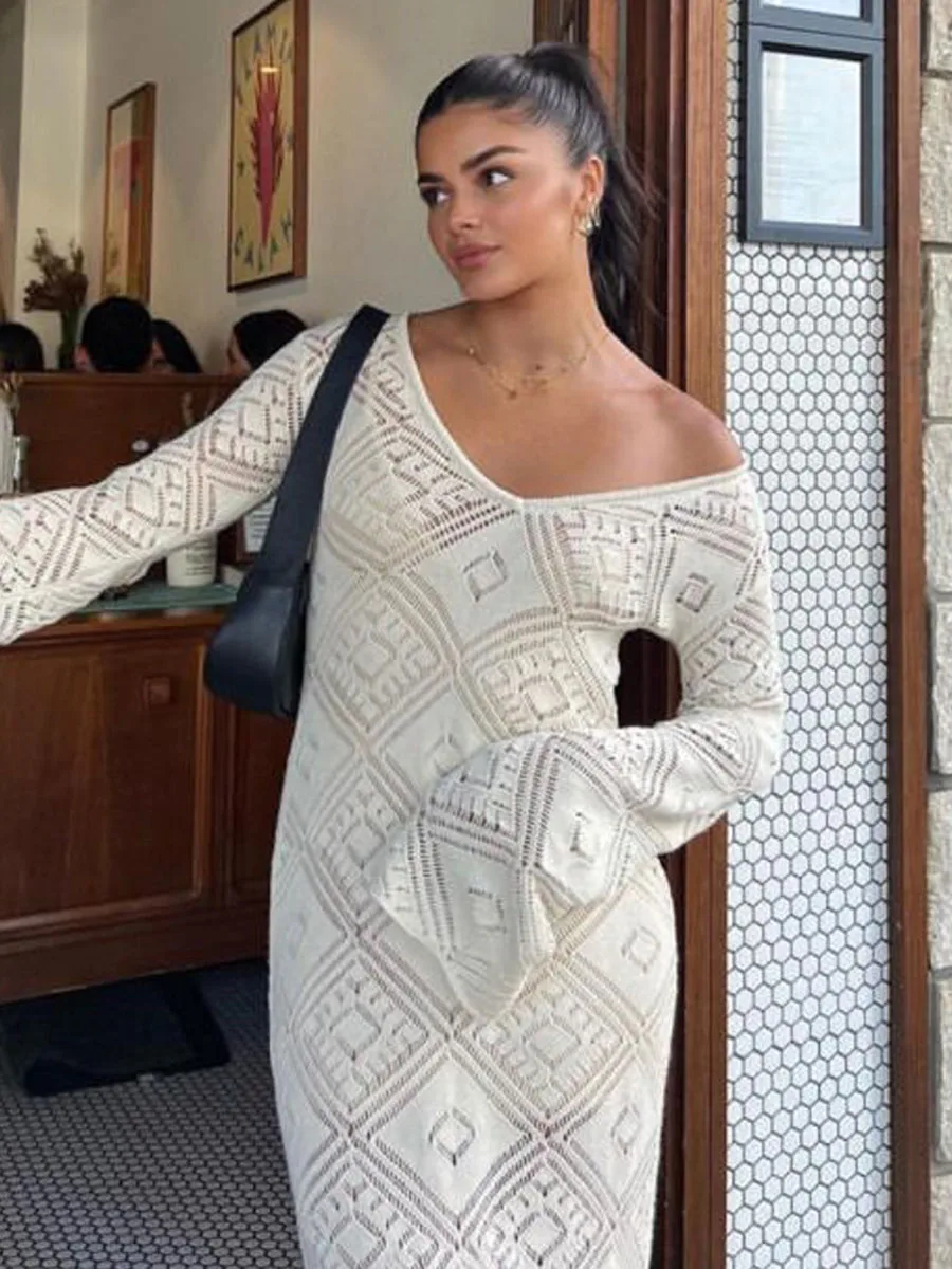 

White Crochet See Through Hollow Out Dress V-neck Sexy Slim Fit Long Sleeve Long Dresses Women Casual Beach Vacation Beach Wear