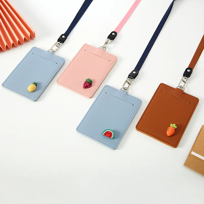 

PU Leather Women Cute Fruit ID Credit Card Holder Wallet Students Bus Card Case Lanyard Girl Cartoon Identity Badge Cards Cover