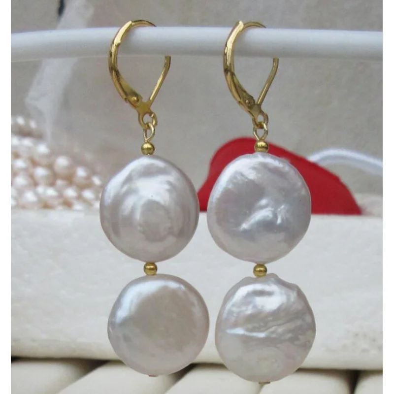 

GOLD PAIR OF 13-15MM south sea AAA++ WHITE COIN PEARL DANGLE BAROQUE EARRING