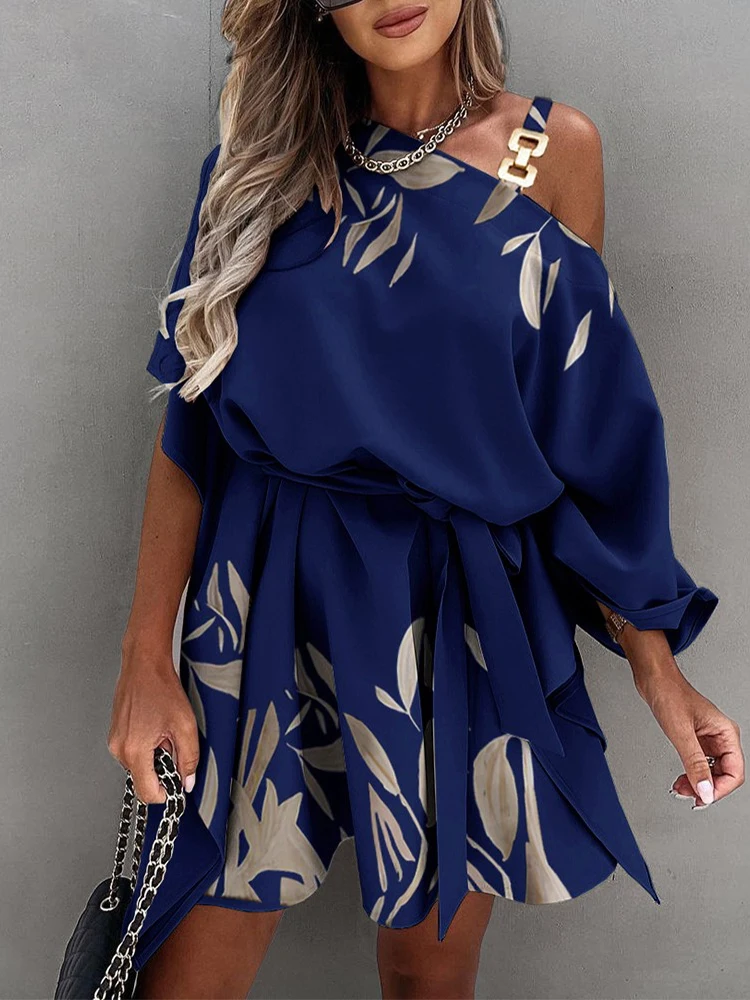 

Plants Print Slash Neck Ruched Dress With Belt
